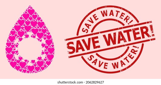 Distress Save Water exclamation seal, and pink love heart mosaic for virus drop. Red round stamp seal includes Save Water exclamation caption inside circle. Virus drop mosaic is done of pink wedding
