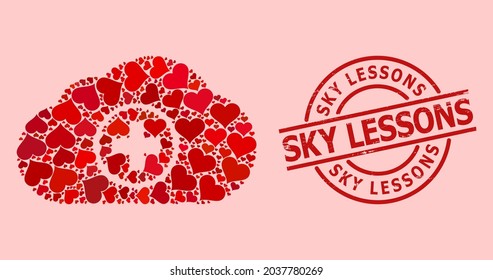 Distress Sky Lessons stamp seal, and red love heart mosaic for medical cloud. Red round stamp has Sky Lessons text inside circle. Medical cloud mosaic is composed from red romance symbols.