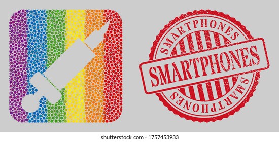 Distress Smartphones stamp seal and mosaic syringe stencil for LGBT. Dotted rounded rectangle mosaic is around syringe stencil. LGBT spectrum colors. Red rounded grunge stamp with Smartphones message.