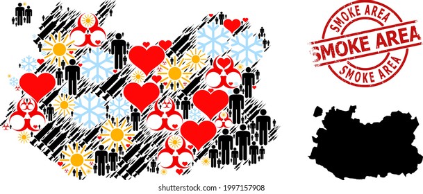 Distress Smoke Area stamp seal, and spring humans vaccine collage map of Ciudad Real Province. Red round seal includes Smoke Area caption inside circle.