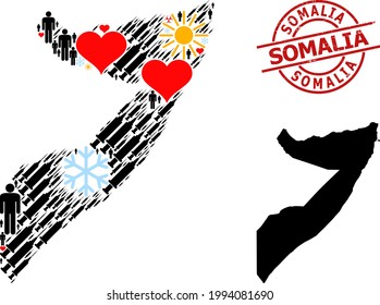 Distress Somalia stamp seal, and sunny men syringe mosaic map of Somalia. Map of Somalia collage is composed of frost, sun, heart, men, syringe,
