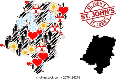 Distress St. John'S seal, and sunny man vaccine mosaic map of Opole Province. Red round stamp seal contains St. John'S text inside circle. Map of Opole Province mosaic is organized with snow, spring,