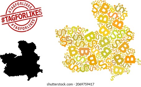 Distress Tag Tagforlikes Stempel und Währung Mosaik Karte der Provinz Kastilien-La Mancha. Roter Rundstempel enthält Tag Tagforlikes Text im Kreis.