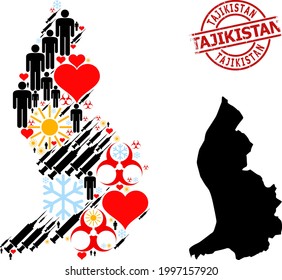 Distress Tajikistan stamp seal, and spring man vaccine collage map of Liechtenstein. Red round stamp seal includes Tajikistan tag inside circle. Map of Liechtenstein collage is formed of frost,