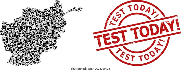 Prueba de angustia Hoy Sello de la exclamación y gráfico mosaico del mapa de Afganistán. El sello rojo redondo incluye la etiqueta Test Today Exclamation dentro del círculo. El mosaico del mapa de Afganistán está construido con un gráfico