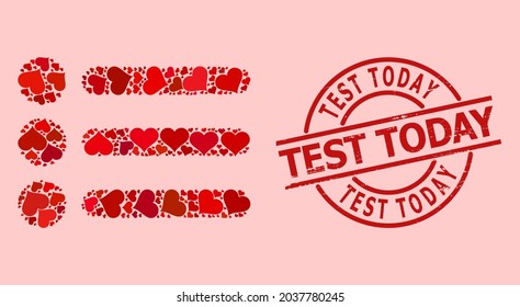 Distress Test Today stamp seal, and red love heart mosaic for list items. Red round stamp seal includes Test Today caption inside circle. List items collage is done with red wedding symbols.