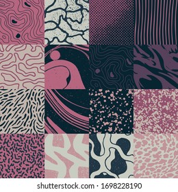 Distress texture set made from rough backgrounds, dirty materials, organic structure, hand-drawn elements. Abstract vector composition useful for prints, fashion design, textile, invitation artwork.