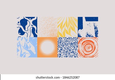 Distress texture set made from rough backgrounds, dirty materials, organic structure, hand-drawn elements. Abstract vector composition useful for prints, fashion design, textile, invitation artwork.