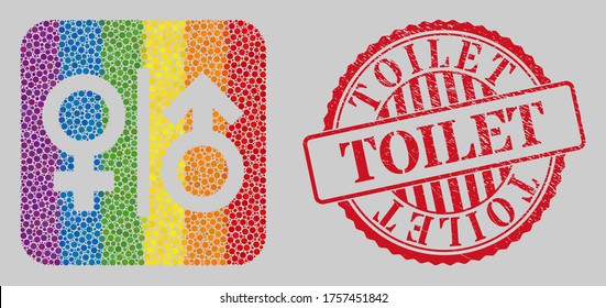 Distress Toilet watermark and mosaic toilet gender symbol stencil for LGBT. Dotted rounded rectangle mosaic is around toilet gender symbol subtracted shape. LGBT rainbow colors.