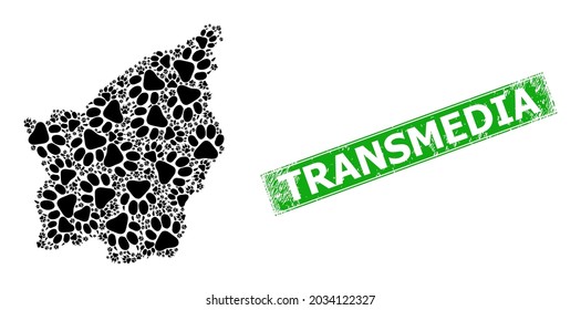 Distress Transmedia stamp, and San Marino map collage of tiger footprint icons. Green rectangle stamp seal includes Transmedia caption inside rectangle.