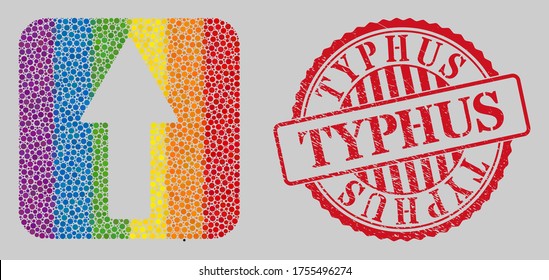 Distress Typhus seal and mosaic arrow up subtracted for LGBT. Dotted rounded rectangle collage is around arrow up hole. LGBT spectrum colors. Red rounded distress seal imprint with Typhus title.