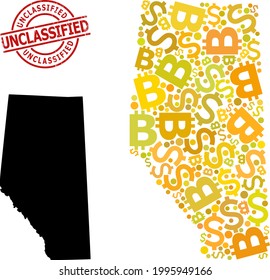 Distress Unclassified stamp seal, and finance mosaic map of Alberta Province. Red round stamp seal has Unclassified tag inside circle. Map of Alberta Province mosaic is designed with investment,