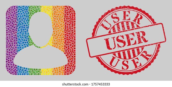 Distress User seal and mosaic user stencil for LGBT. Dotted rounded rectangle mosaic is around user stencil. LGBT spectrum colors. Red round rubber seal with User title.