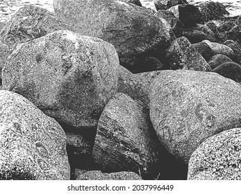 Distress vector texture of sea stones on the beach. EPS8 illustration. Black and white grunge background.