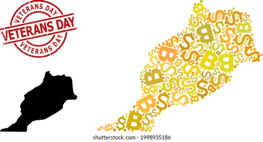 Distress Veterans Day stamp seal, and bank mosaic map of Morocco. Red round stamp seal has Veterans Day caption inside circle. Map of Morocco mosaic is done from money, funding, BTC god dots.
