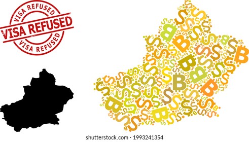 Distress Visa Refused seal, and banking mosaic map of Xinjiang Uyghur Region. Red round seal contains Visa Refused title inside circle. Map of Xinjiang Uyghur Region mosaic is done of investment,