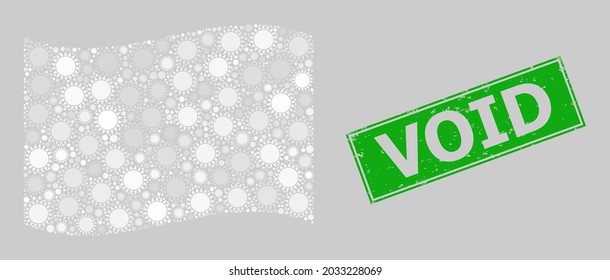 Distress Void and mosaic waving white flag designed of sun items. Green stamp has Void text inside rectangle. Vector sunny mosaic waving white flag done for feast projects.