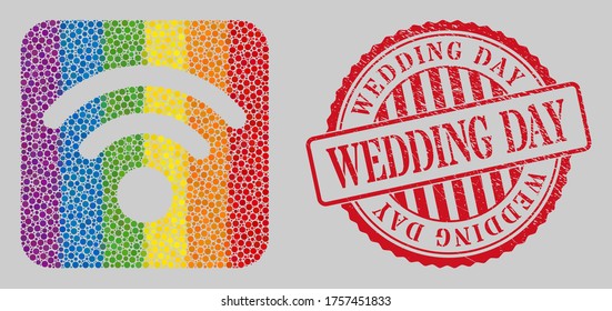 Distress Wedding Day stamp and mosaic wi-fi source stencil for LGBT. Dotted rounded rectangle mosaic is around wi-fi source subtracted space. LGBT spectrum colors.