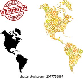 Distress Wilmington seal, and currency collage map of South and North America. Red round badge contains Wilmington title inside circle.