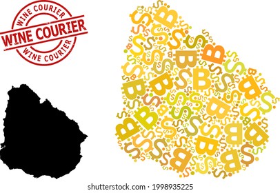 Distress Wine Courier stamp seal, and banking collage map of Uruguay. Red round seal includes Wine Courier title inside circle. Map of Uruguay collage is composed of money, funding, BTC yellow parts.