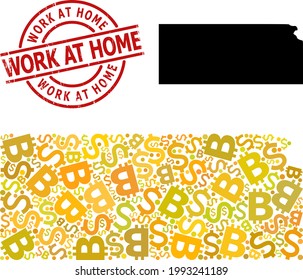 Distress Work at Home stamp seal, and financial mosaic map of Kansas State. Red round badge contains Work at Home tag inside circle. Map of Kansas State mosaic is designed of financial, funding,