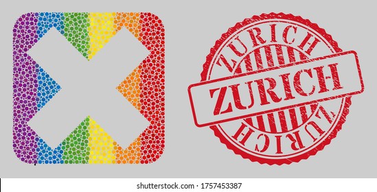 Distress Zurich stamp seal and mosaic x-cross hole for LGBT. Dotted rounded rectangle mosaic is around x-cross stencil. LGBT spectrum colors. Red rounded grunge seal stamp with Zurich message.