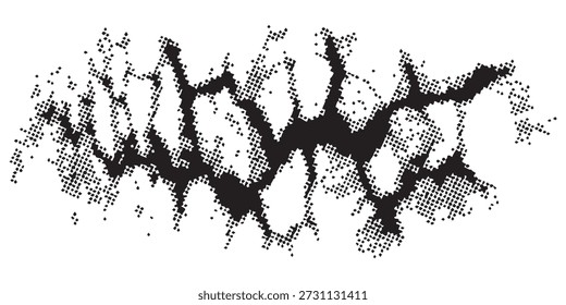 A distressed, abstract pattern featuring jagged, dark lines and a halftone texture against a white background.