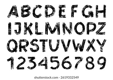 Distressed alphabet, grunge capital letters. Vintage stencil graffiti font. Bold brush drawn vector typography. Bold font ink dirty texture capital letters. Black retro typeface, vector style alphabet
