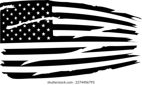 Distressed american flag black and white vector illustration.