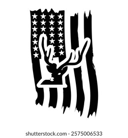 Distressed American Flag with Bold Deer Head Antler Silhouette and Prominent Antlers