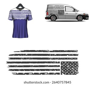 Distressed American flag design on a t-shirt, van wrap, and as a standalone graphic element.