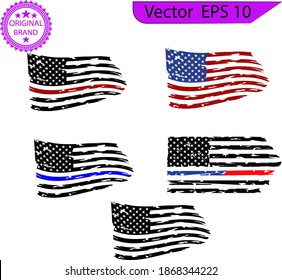 Distressed american flags set, eps10, transparent background, high resolution. Firefighter  and police flags.