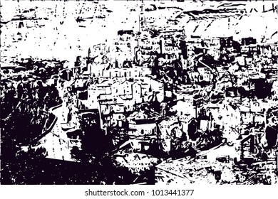 Distressed background of ancient town on hill in black and white texture with  dark spots, scratches and lines.  vector illustration