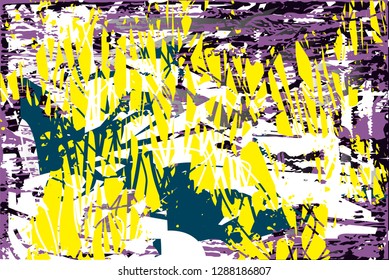 Distressed background in black, gray, violet, green,yellow and white texture with  dark spots, nets,scratches and lines. Abstract vector illustration