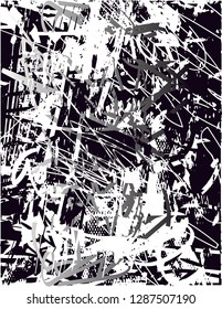 Distressed background in black, gray and white texture with  dark spots, nets,scratches and lines. Abstract vector illustration