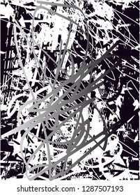 Distressed background in black, gray and white texture with  dark spots, nets,scratches and lines. Abstract vector illustration