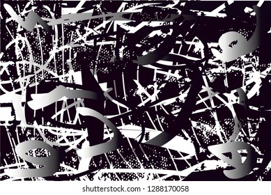 Distressed background in black, gray and white texture with  dark spots, nets,scratches and lines. Abstract vector illustration