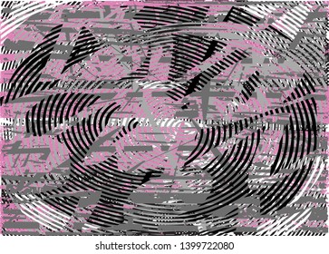 Distressed background in black, grey, pink and white texture with dots, spots, scratches and lines. Abstract vector illustration