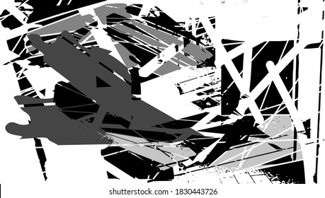 Fondo perturbado en textura negra, gris y blanca con puntos, puntos, arañazos y líneas. Ilustración del vector abstracto