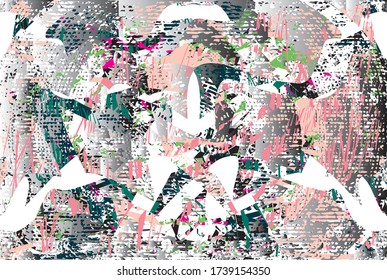 Distressed background in black, pink, red, grey, green and white texture with dots, spots, scratches and lines. Abstract vector illustration.