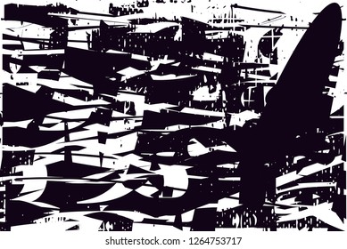 Distressed background in black and white from canvas texture with dots, spots, scratches and lines with wide pale areas. Abstract vector illustration