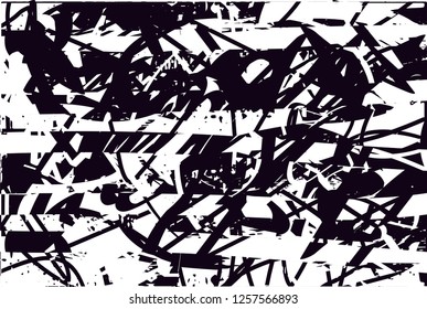 Distressed background in black and white with dots, spots, scratches and lines. Abstract vector illustration