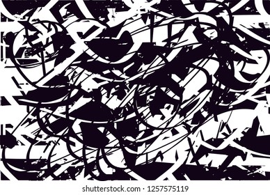 Distressed background in black and white with dots, spots, scratches and lines. Abstract vector illustration