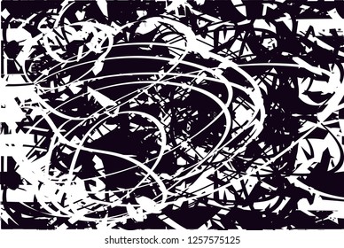 Distressed background in black and white with dots, spots, scratches and lines. Abstract vector illustration