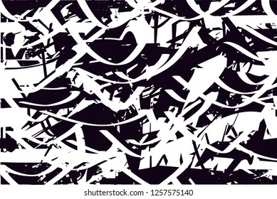 Distressed background in black and white with dots, spots, scratches and lines. Abstract vector illustration