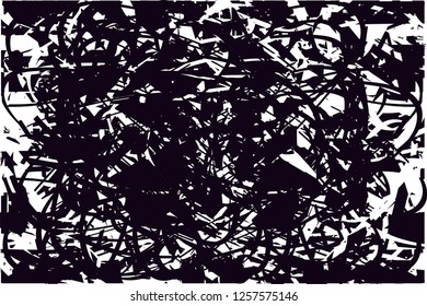 Distressed background in black and white with dots, spots, scratches and lines. Abstract vector illustration