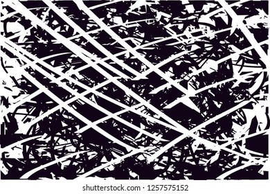 Distressed background in black and white with dots, spots, scratches and lines. Abstract vector illustration