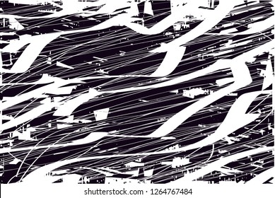 Distressed background in black and white with dots, spots, scratches and lines with wide pale areas. Abstract vector illustration