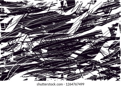 Distressed background in black and white with dots, spots, scratches and lines with wide pale areas. Abstract vector illustration