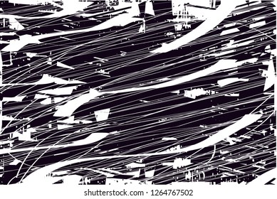 Distressed background in black and white with dots, spots, scratches and lines with wide pale areas. Abstract vector illustration